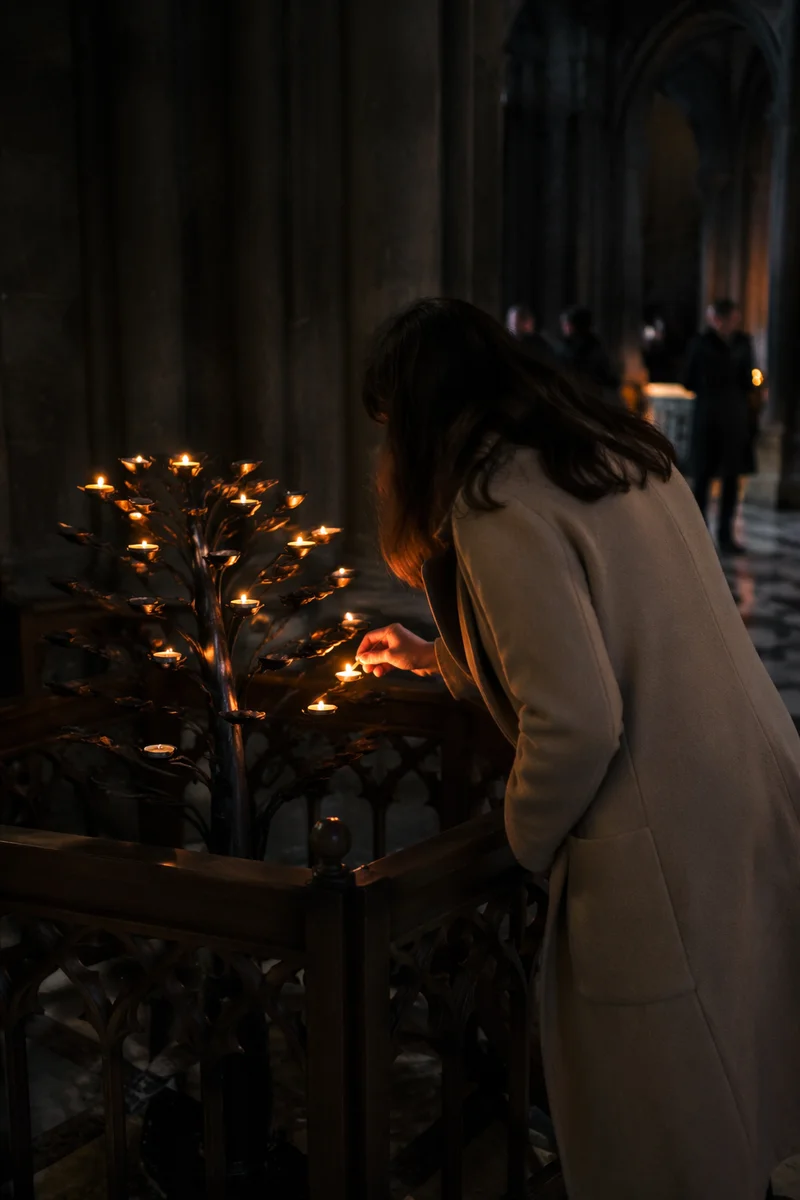 Candlelit Prayer in a Dark Historic Church