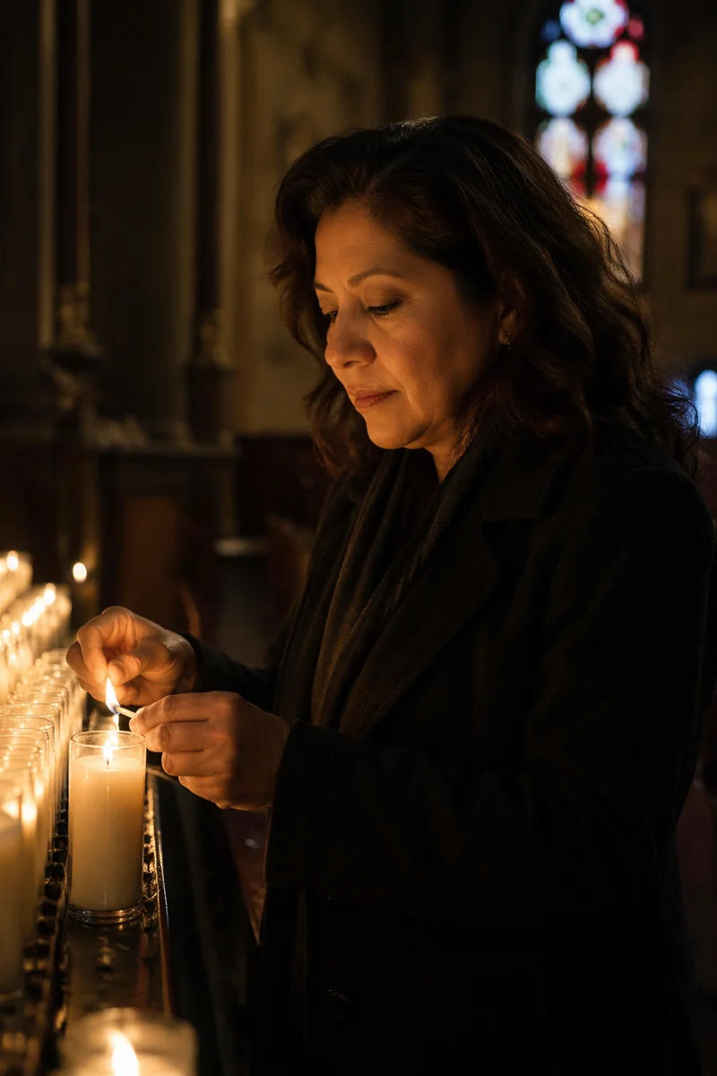 Woman Lighting Candle in Dim Church