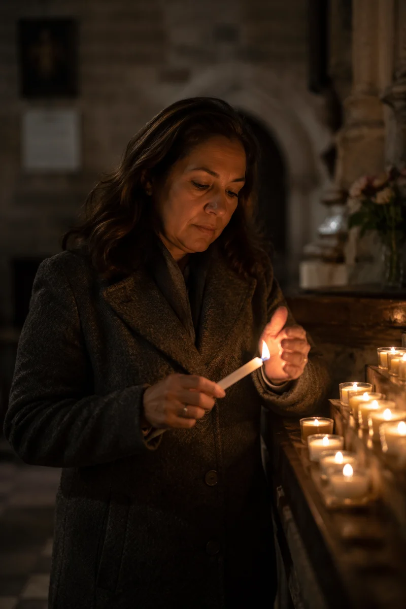 Woman Lighting Candle in Stone Church