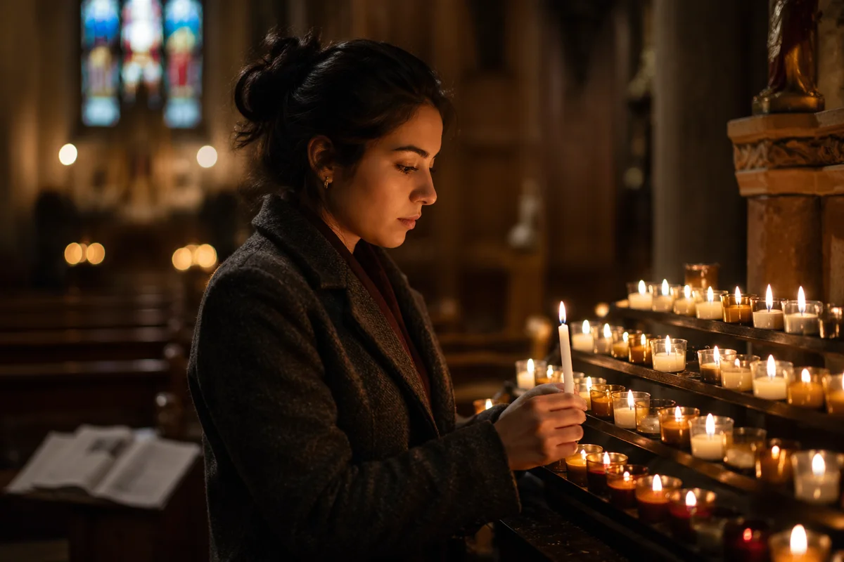Woman Lighting Candle in Dark Church
