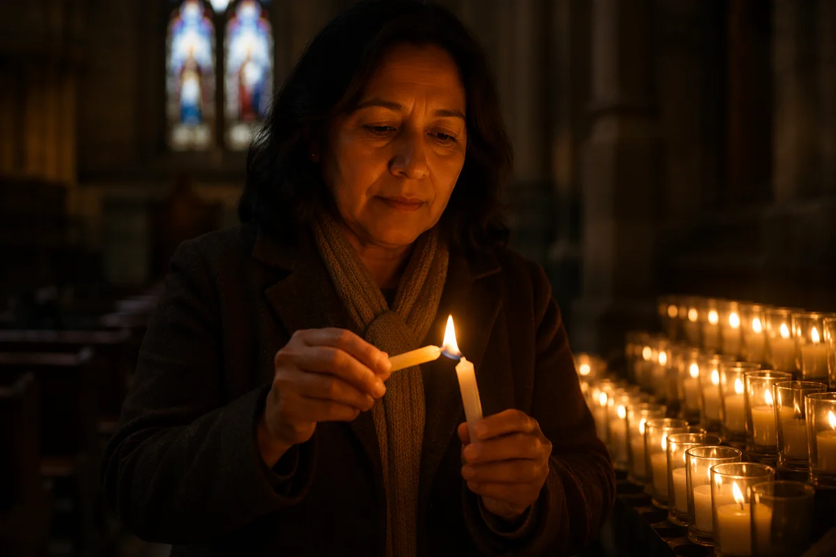 Woman Lighting Candle in Stone Church