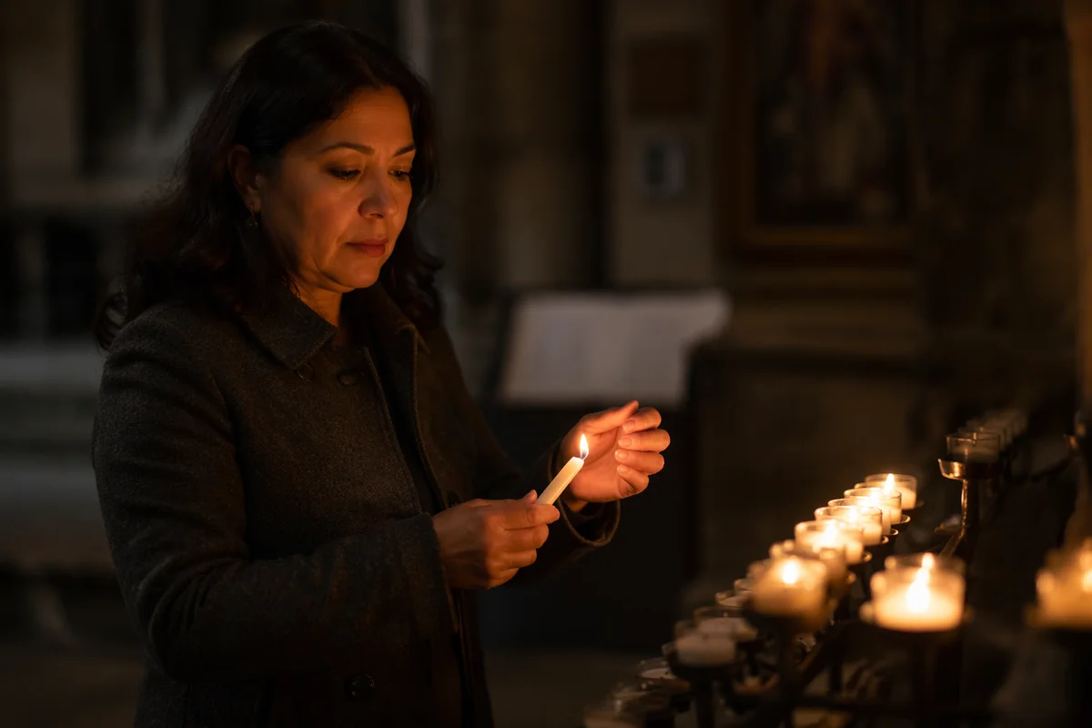 Woman Lighting Candle in Dim Church