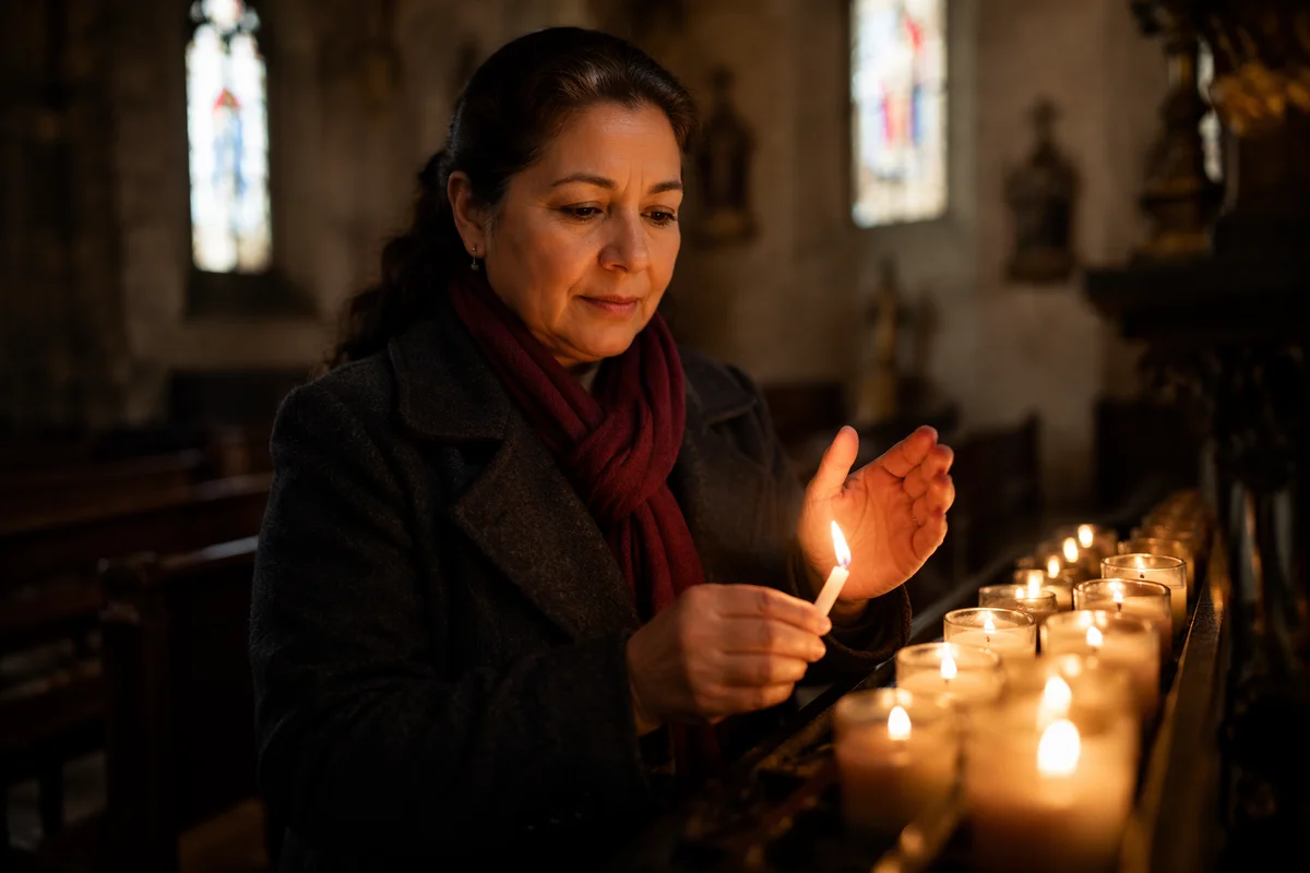 Woman Lighting Candle in Dim Church