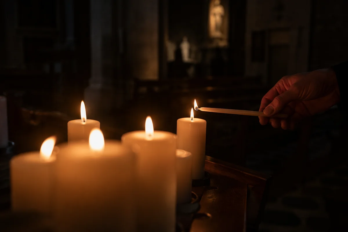 Hands Lighting Candles in Quiet Church
