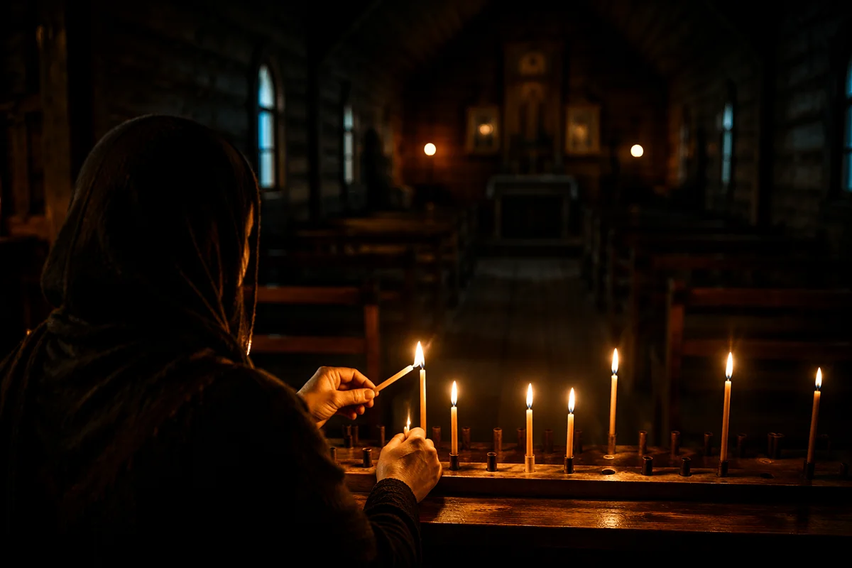 Candle Prayer in a Dark Wooden Chapel