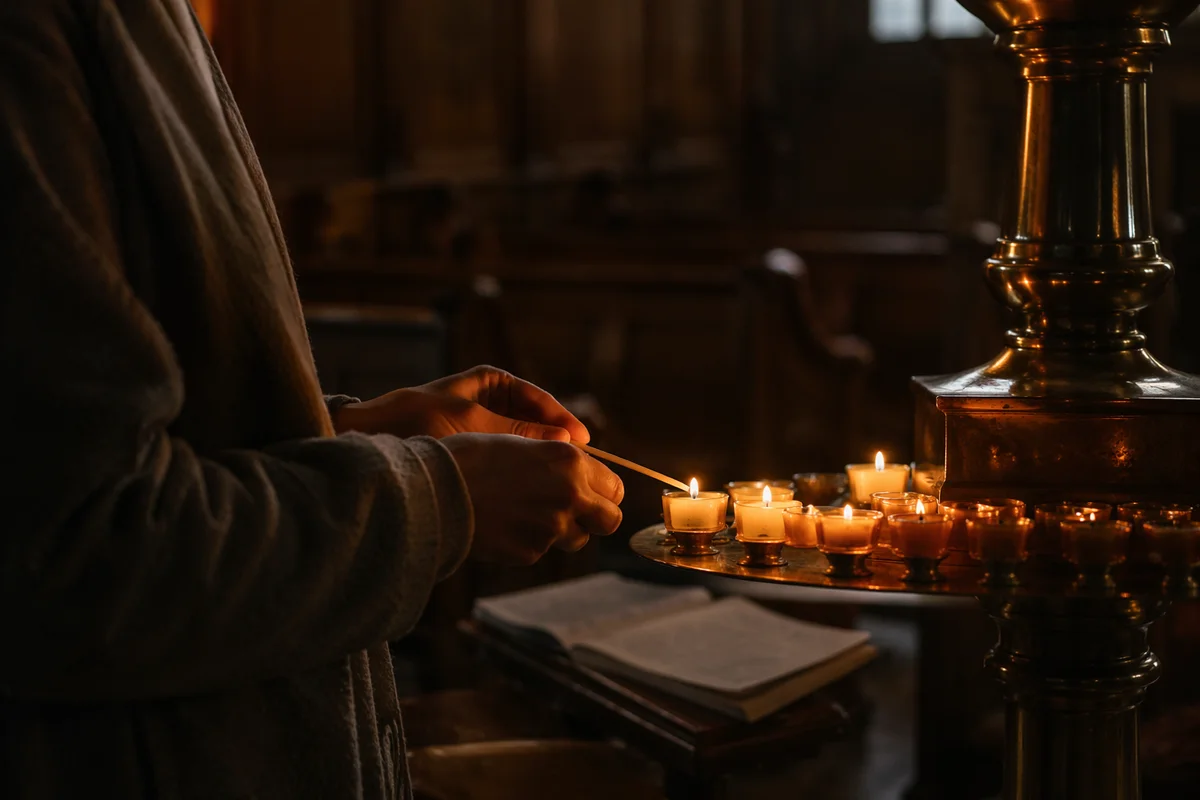 Hands Lighting Votive Candle in Quiet Chapel