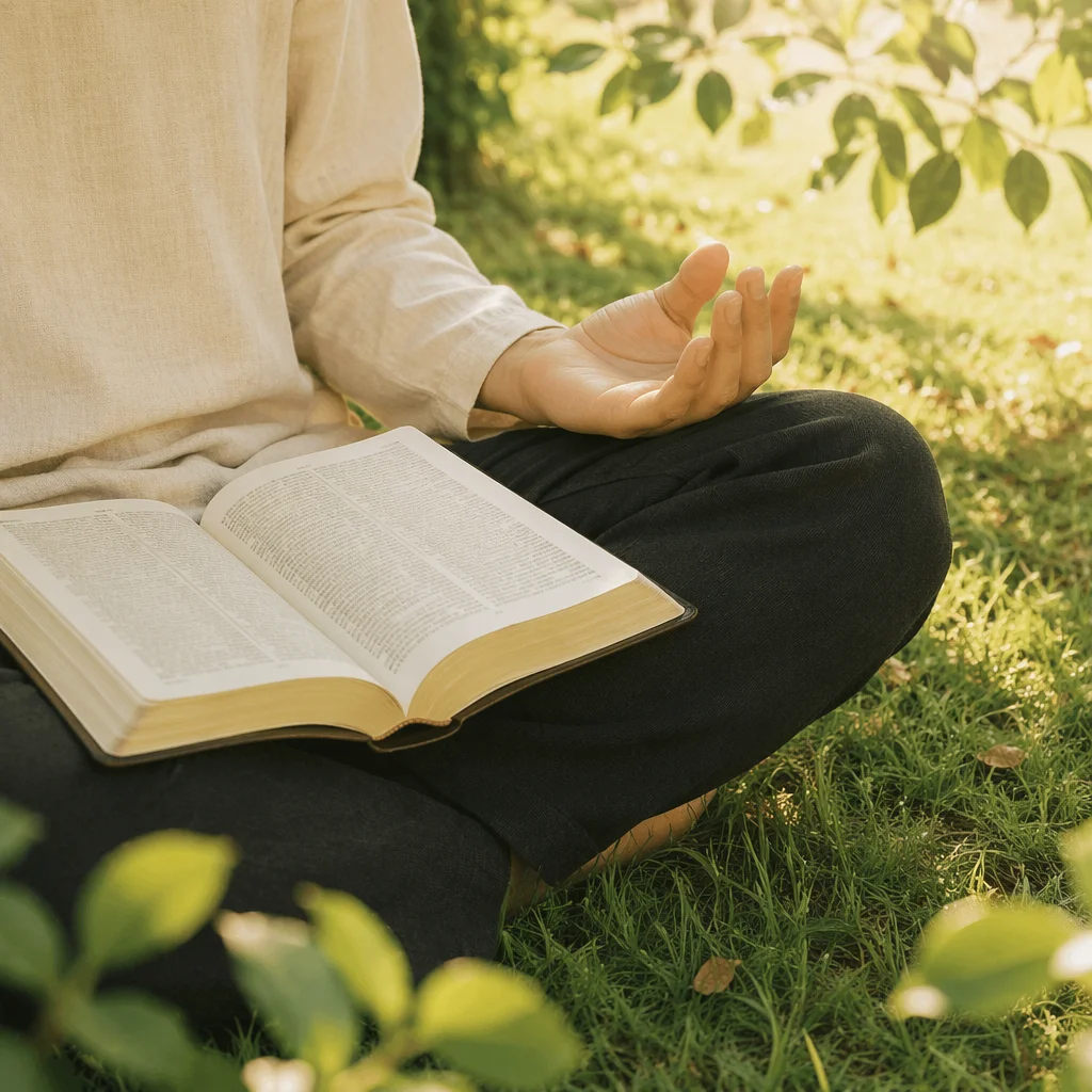 Garden Prayer With Open Bible