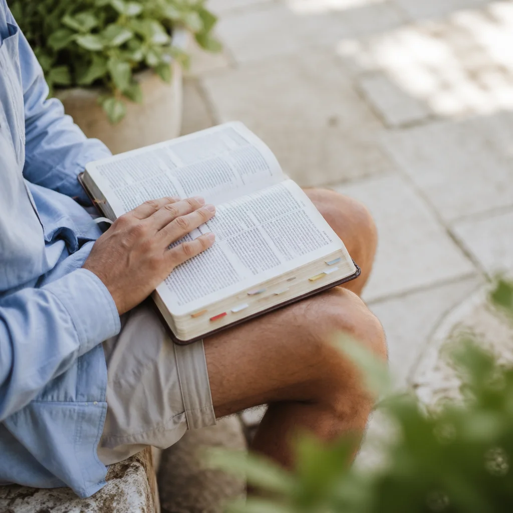 Quiet Bible Meditation in Garden Patio