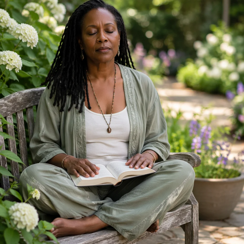 Woman Meditating with Open Book in Garden