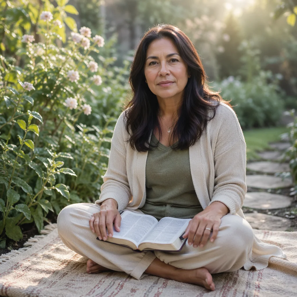 Woman Meditating with Open Bible in Garden