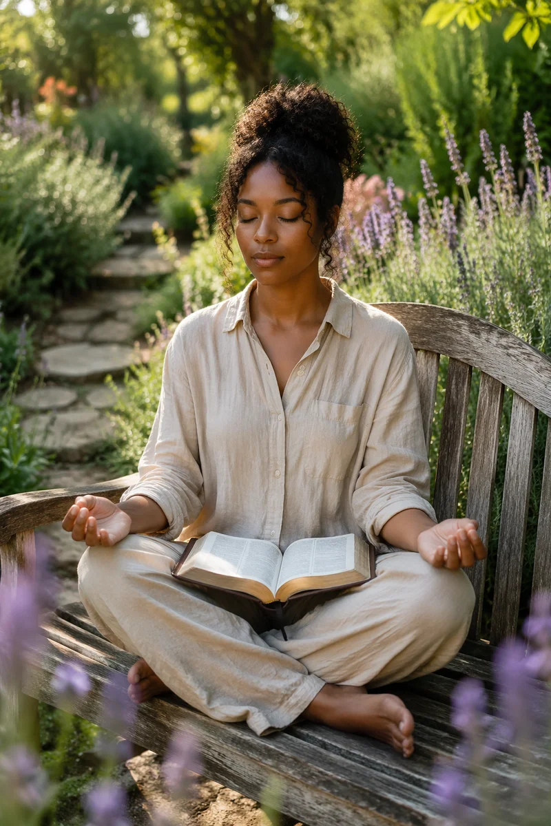Woman Meditating with Open Bible in Garden