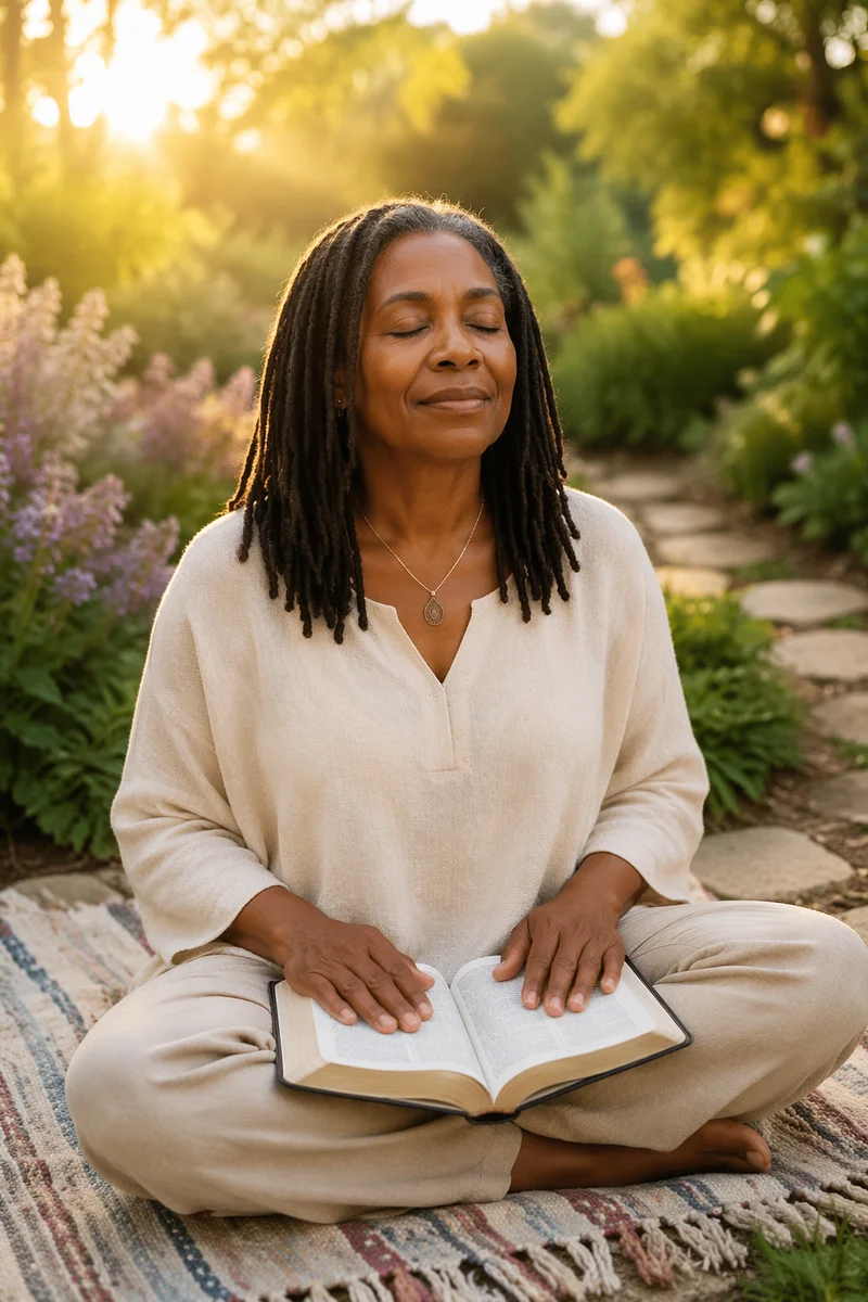 Woman Meditating with Open Bible in Garden