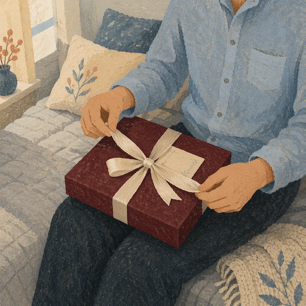 Joyful Gift Opening on Cozy Bed