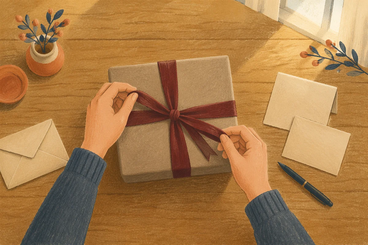 Joyful Gift Opening on Wooden Table