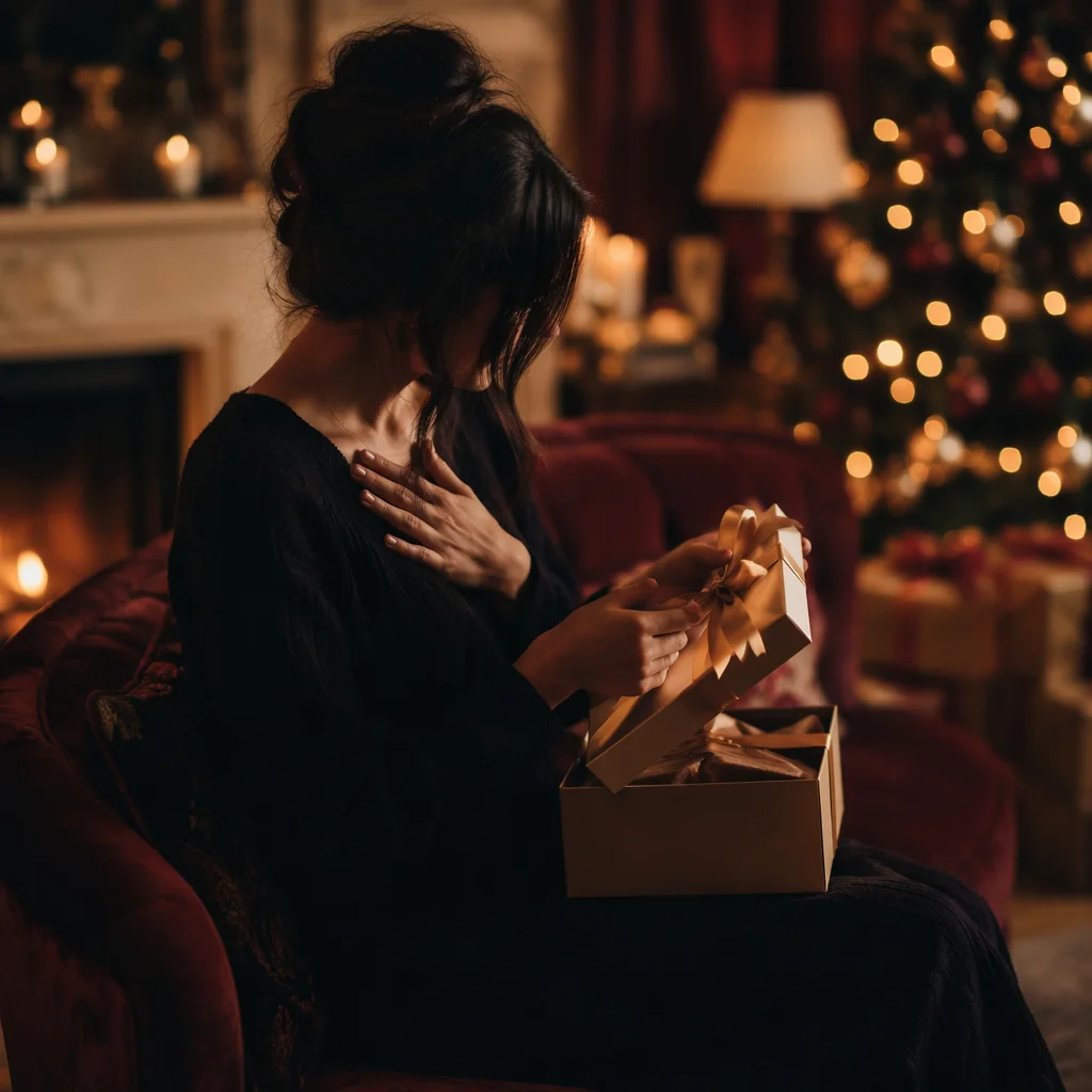 Joyful Gift Opening in Festive Living Room
