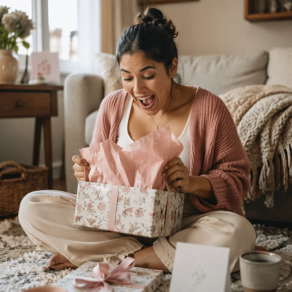 Joyful Woman Opening Gift Box Indoors