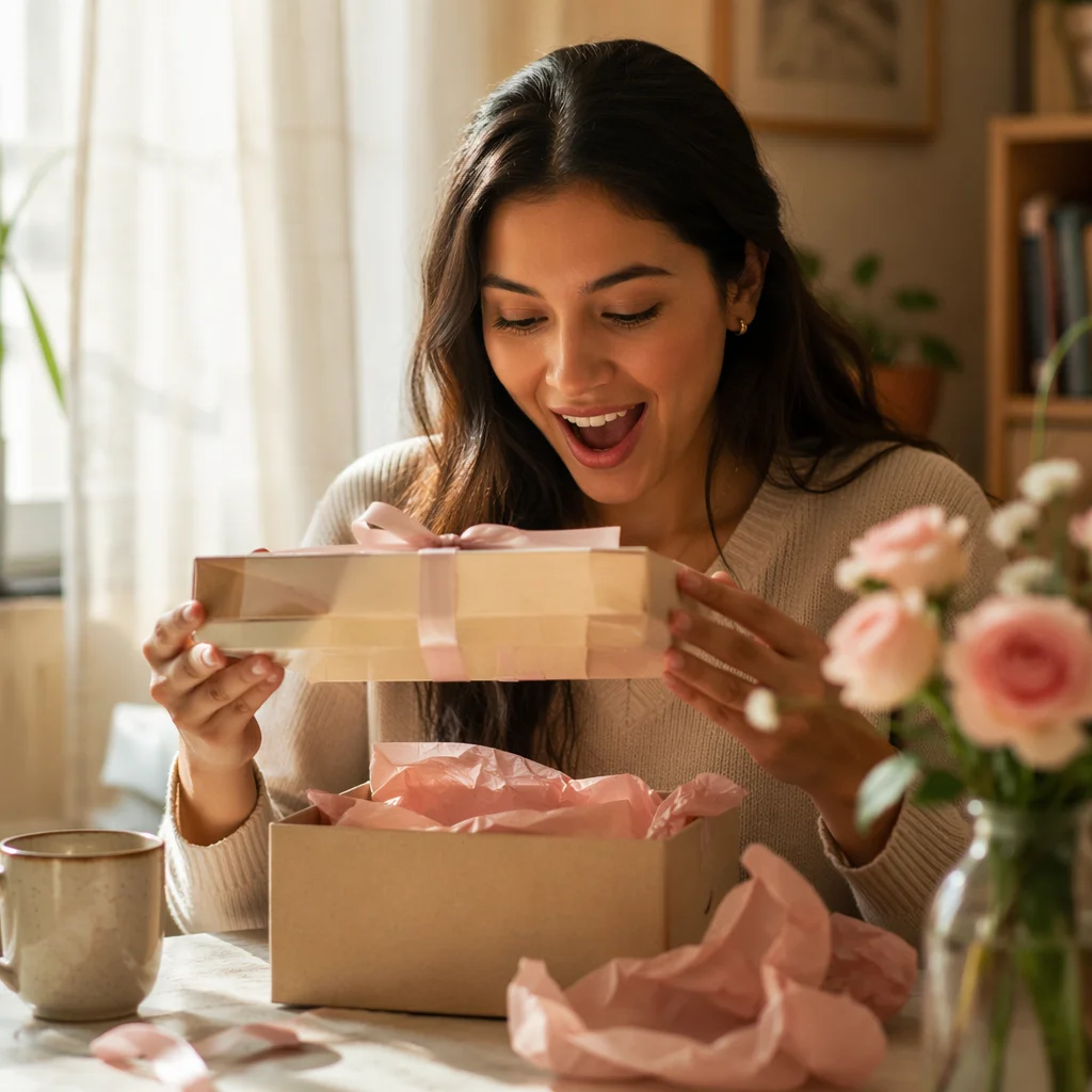 Young Woman Opening Gift Box Indoors