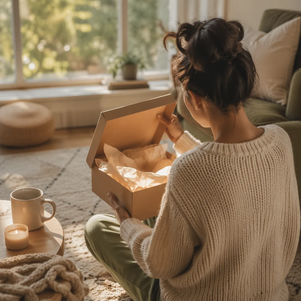 Joyful Gift Opening in Cozy Living Room