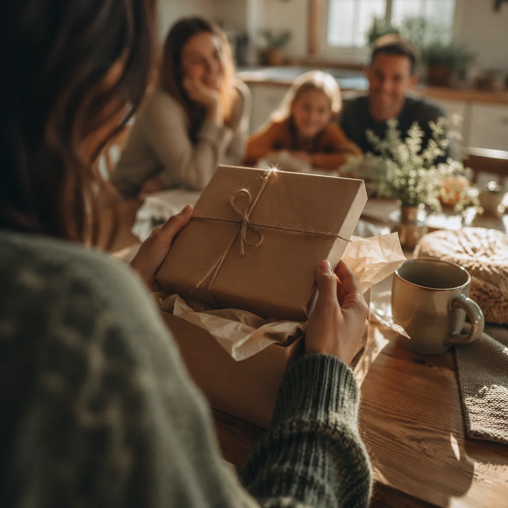 Joyful Gift Opening at Morning Kitchen Table