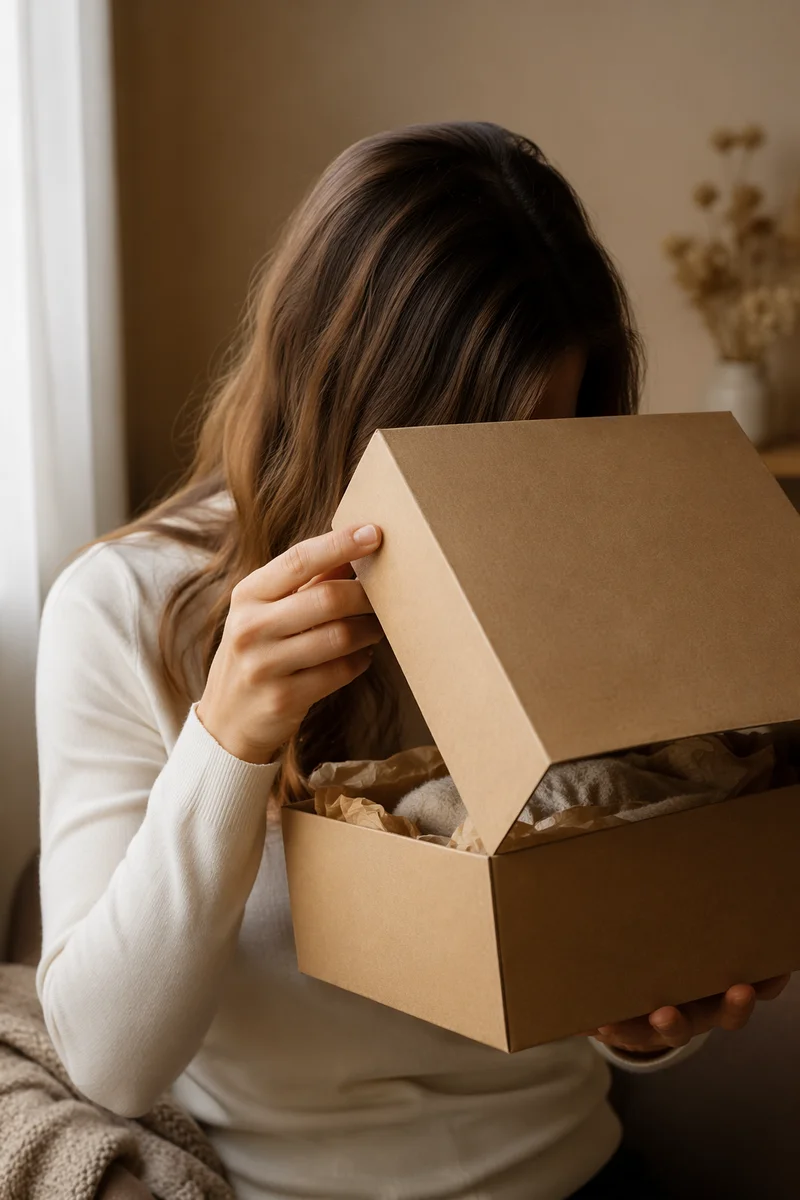 Joyful Surprise Opening a Kraft Gift Box