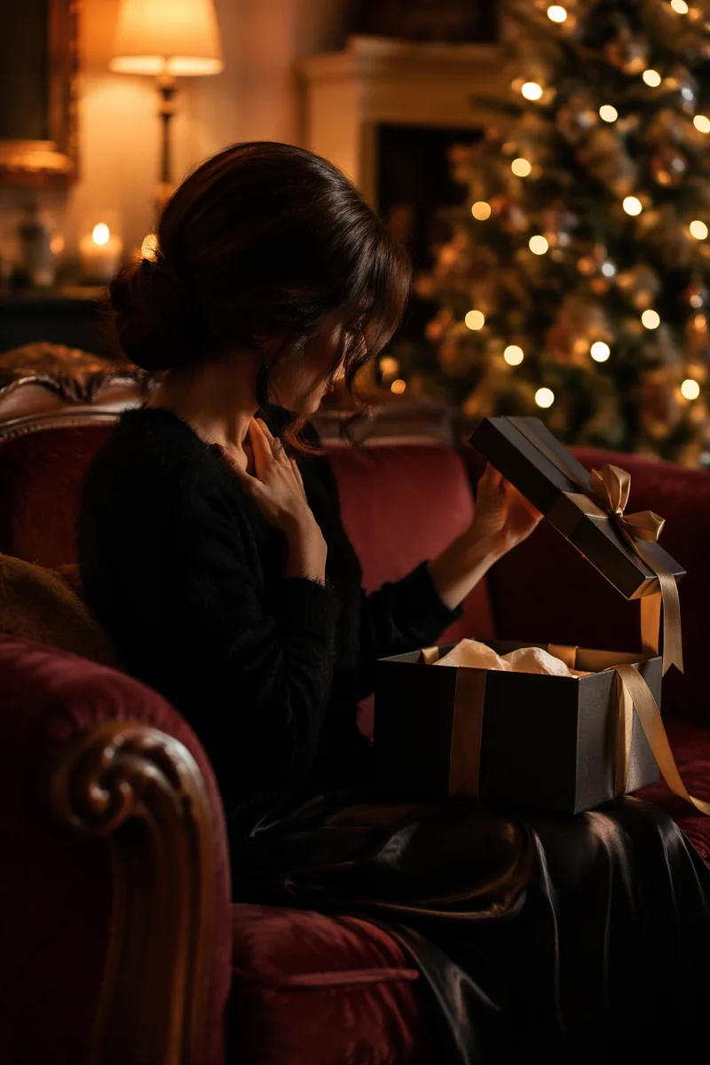 Joyful Gift Opening in Festive Living Room