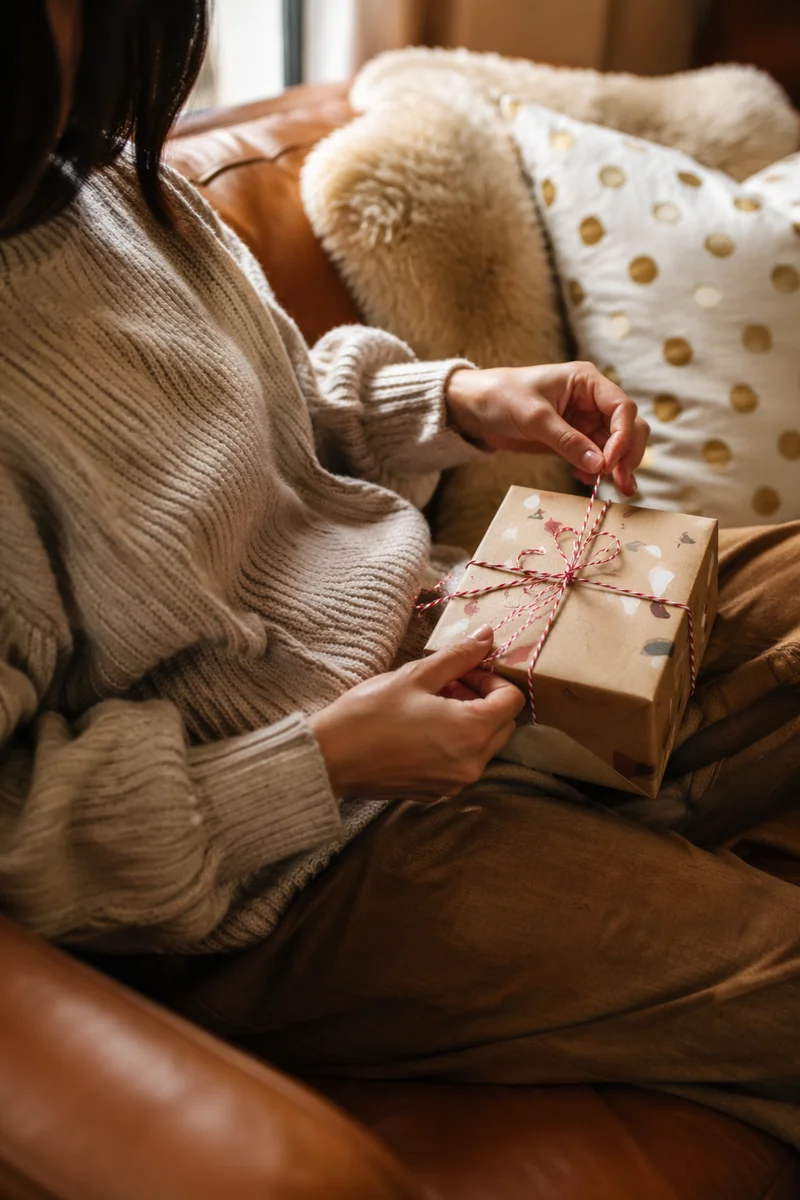 Joyful Hands Opening a Festive Gift