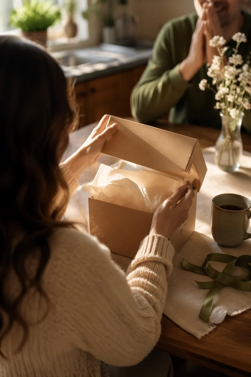 Joyful Gift Box Surprise at Kitchen Table