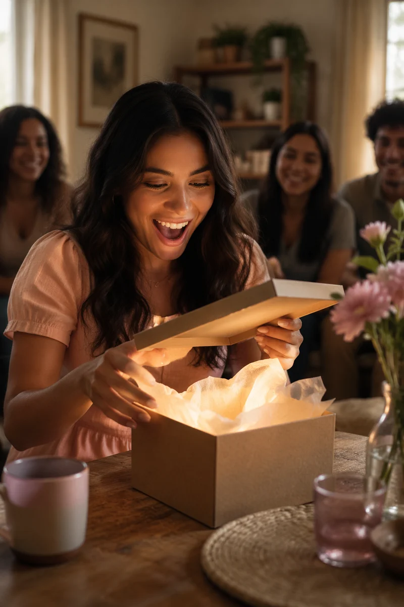 Young Woman Opening Gift Box Joyfully