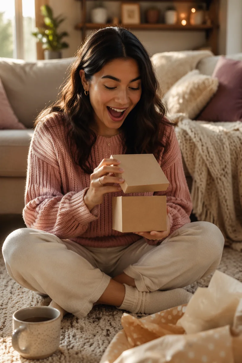 Woman Opening Gift Box at Home
