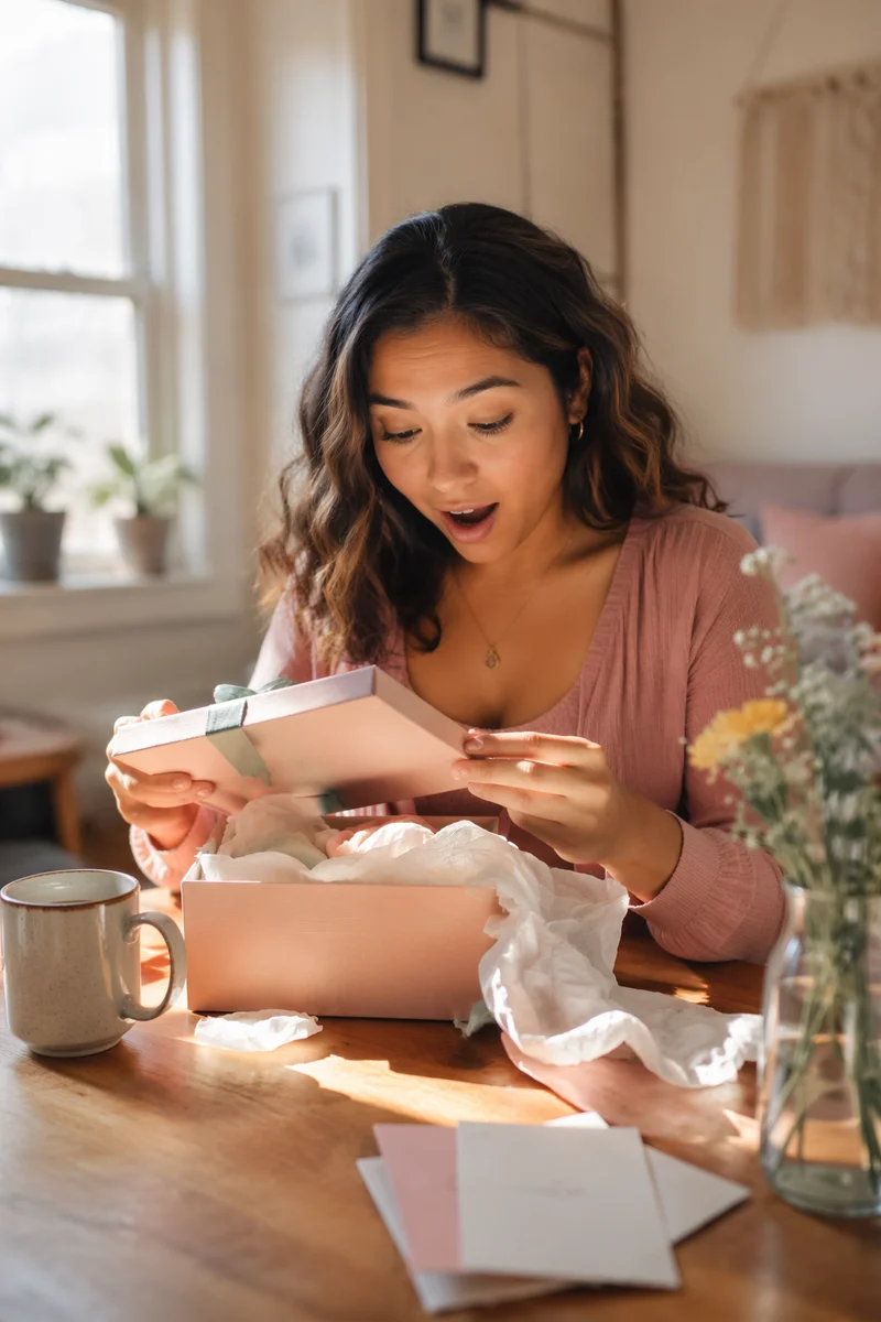 Woman Opening Gift Box at Table
