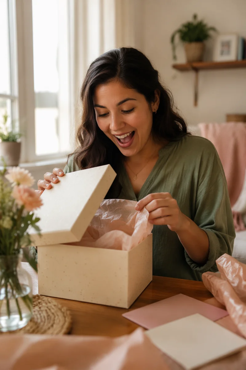 Young Woman Opening Gift Box Joyfully