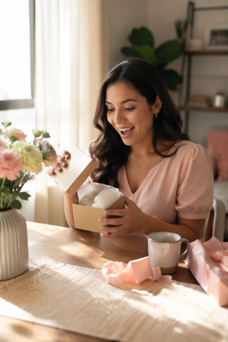Young Woman Opening Gift Box Indoors