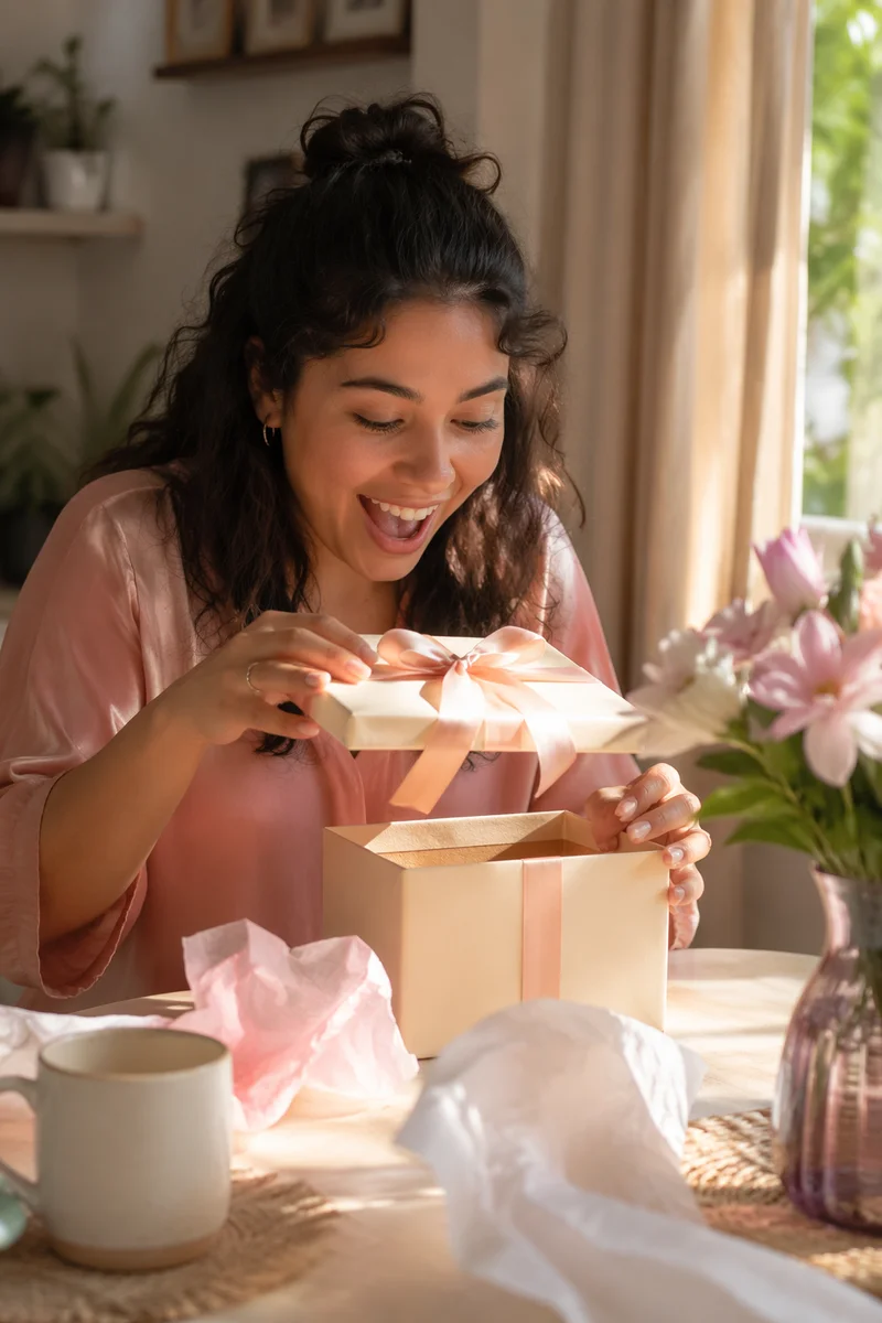 Woman Opening Gift Box at Table