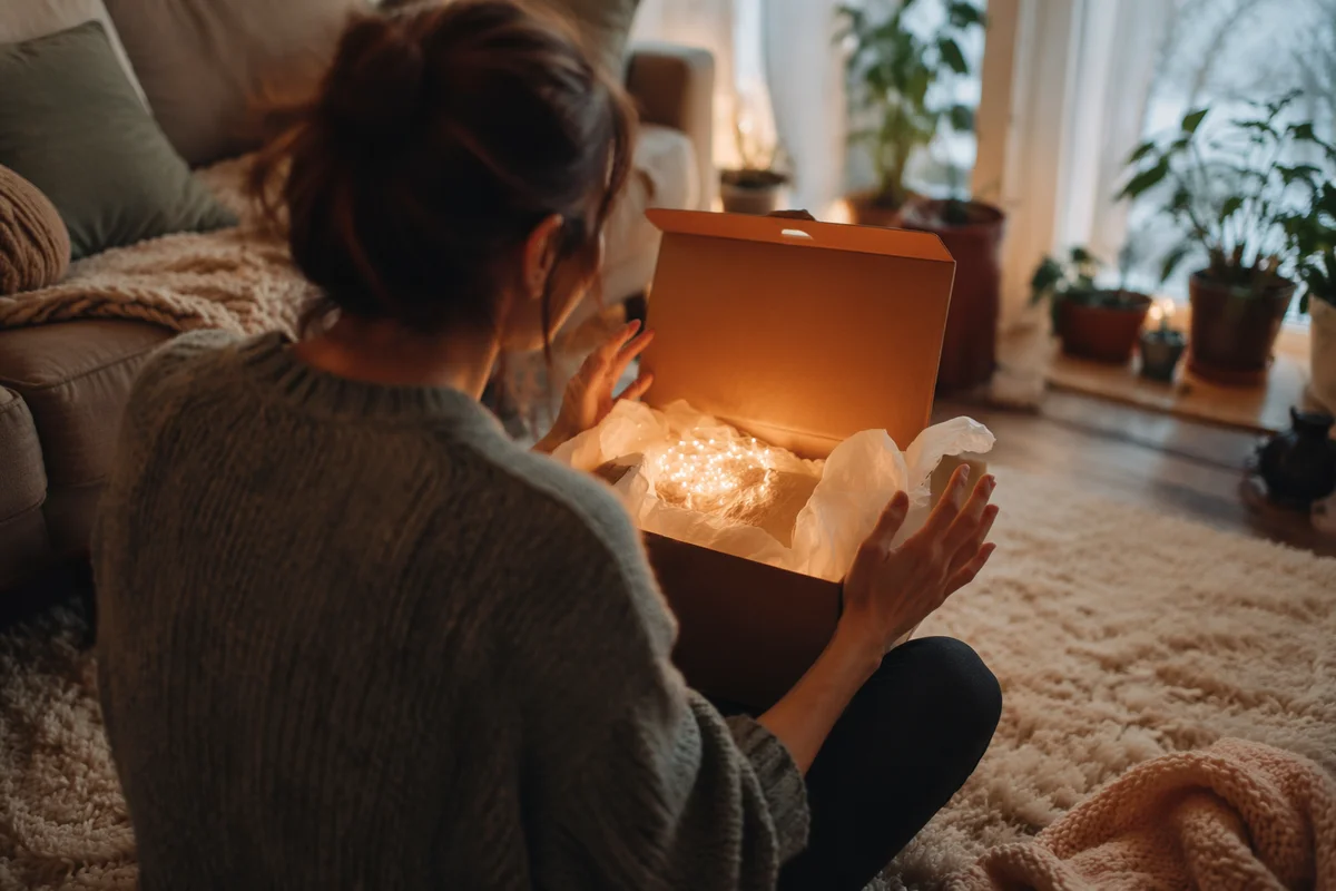 Joyful Gift Box Surprise in Cozy Living Room
