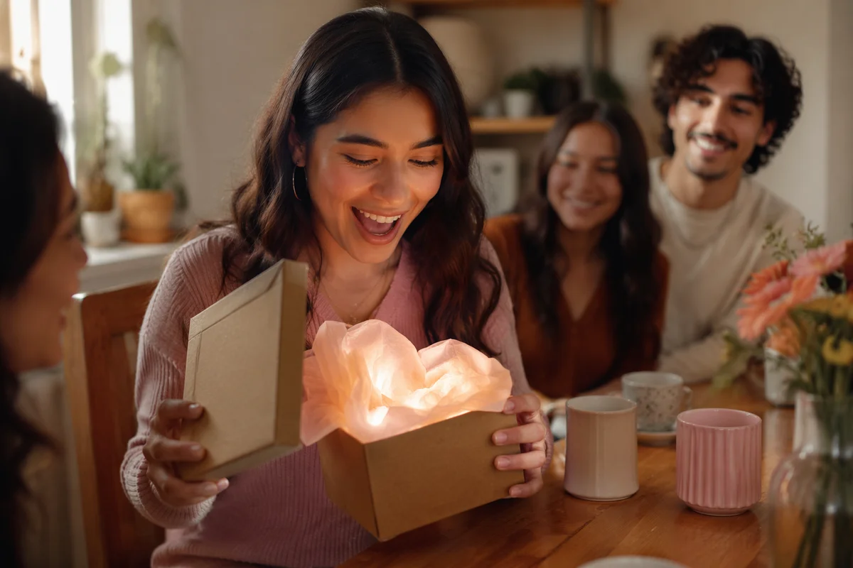 Woman Opening Gift Box With Joy
