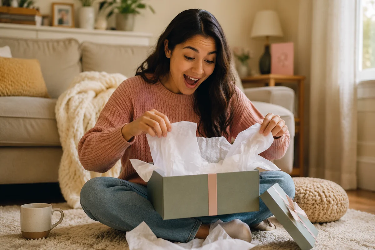 Young Woman Opening Gift Box Indoors