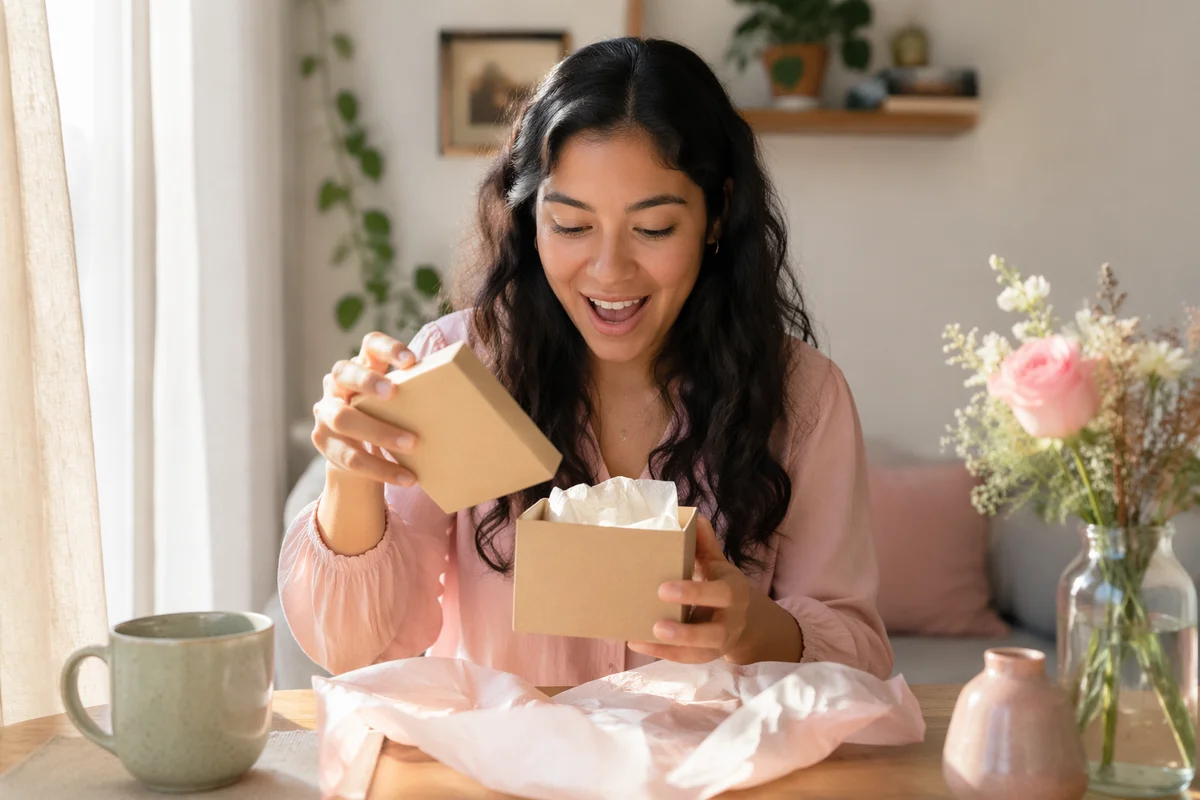 Young Woman Opening Gift Box Indoors