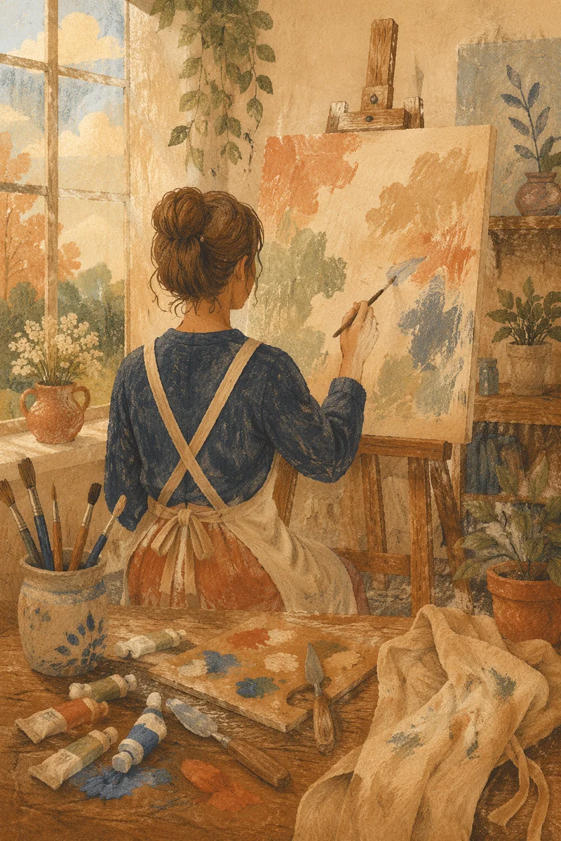 Quiet Painting Hobby in Sunlit Studio