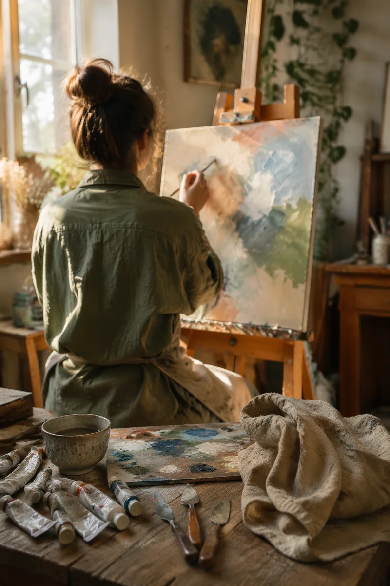 Quiet Painting Hobby in Sunlit Studio