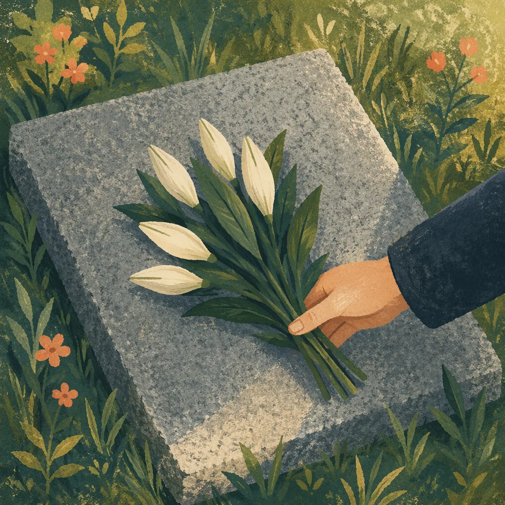 Hand Placing White Lilies on Grave