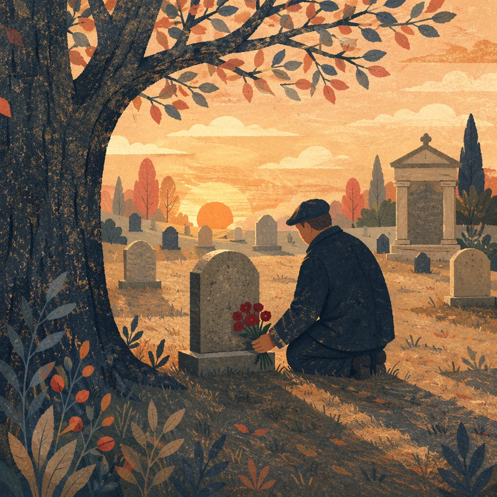 Tender Graveside Flower Tribute at Golden Hour