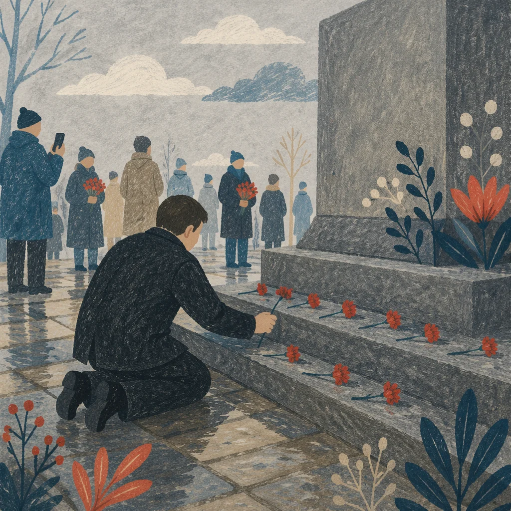 Solemn Flowers Placed on Grave Memorial