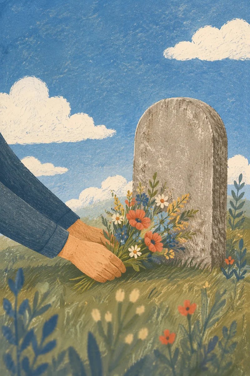 Hands Placing Wildflowers at Cemetery Memorial