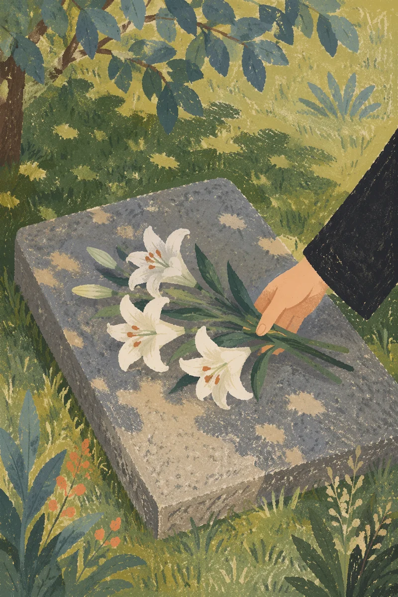 Hand Placing White Lilies on Grave Memorial