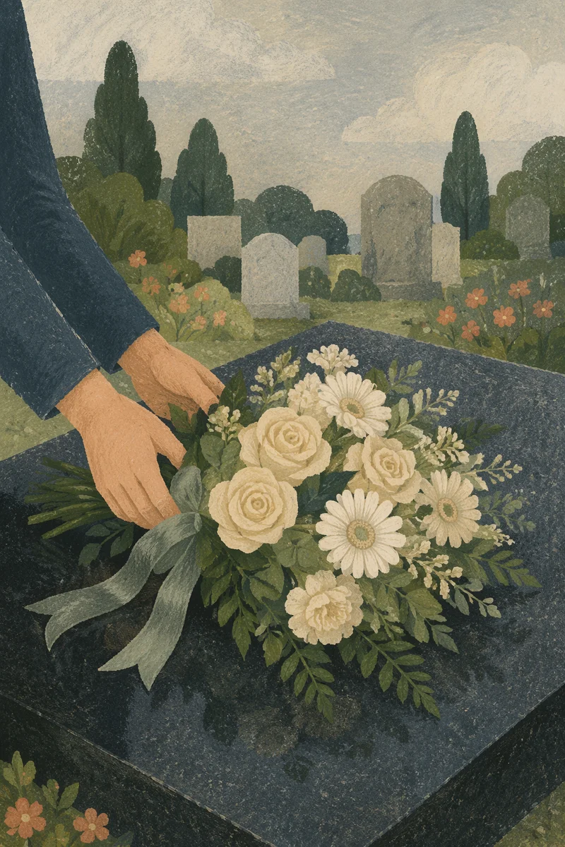 Hands Placing Flowers on Grave Memorial