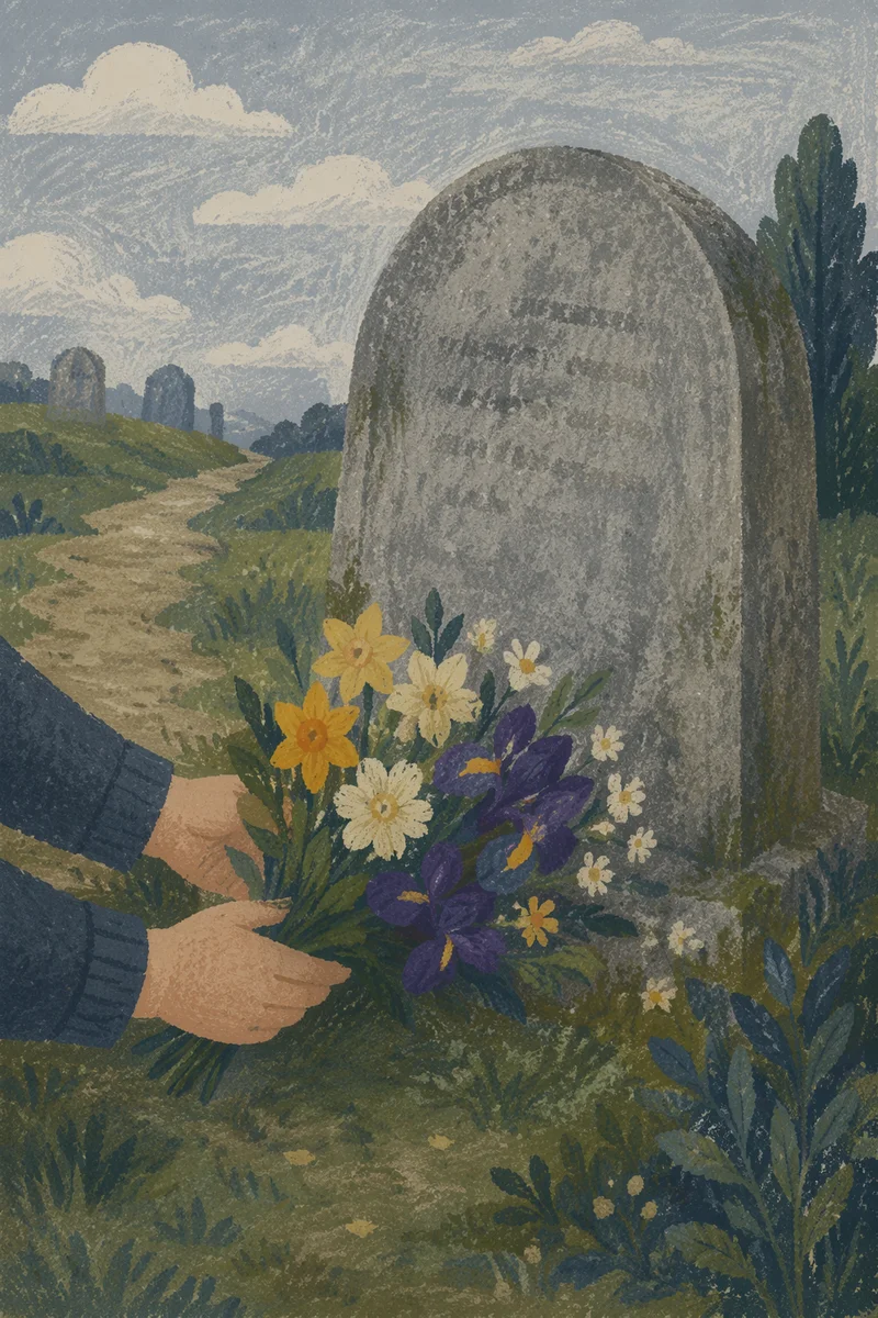 Hands Placing Flowers at Quiet Grave Memorial