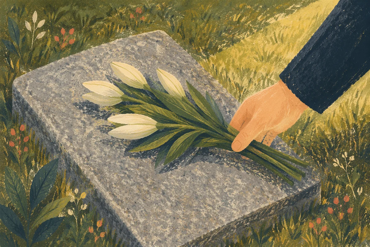 Hand Placing White Lilies on Grave