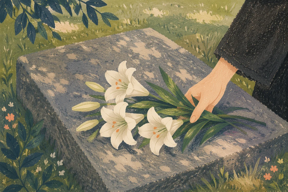 White Lilies Placed on Cemetery Memorial