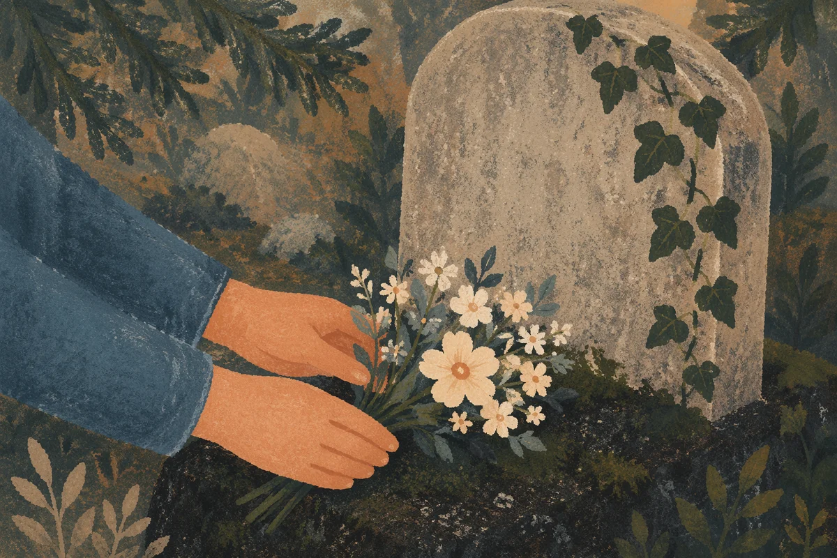 Hands Placing Flowers at Grave Memorial