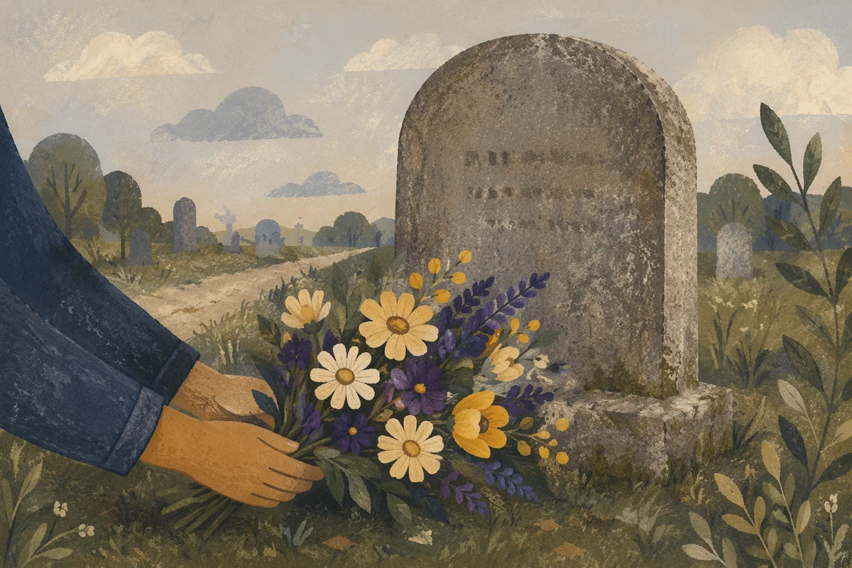 Hands Placing Flowers at Grave Memorial